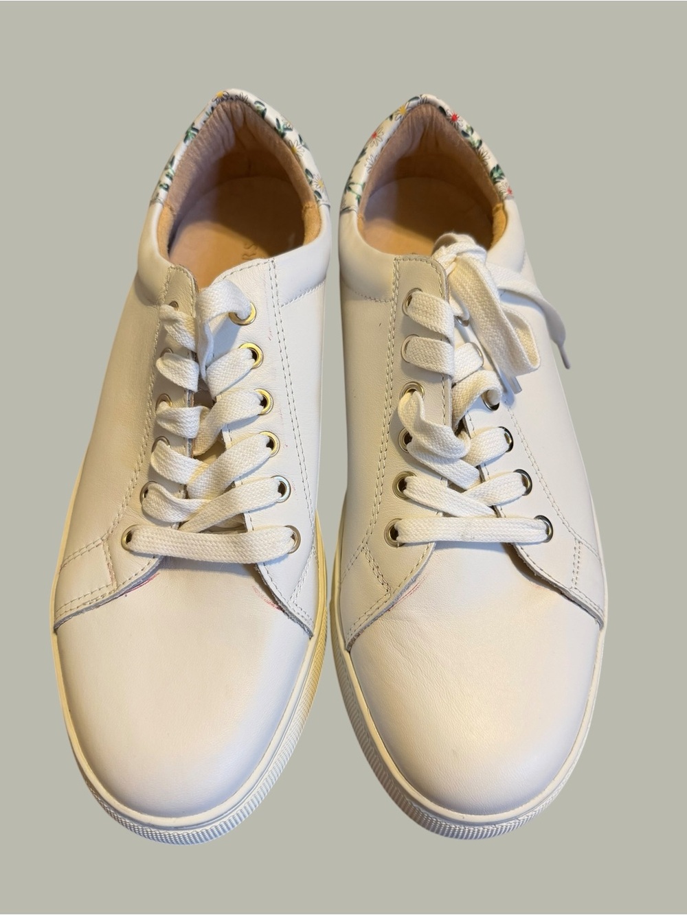 Jack Rogers White Leather Lace-Up Sneakers with Floral Heel Trim
